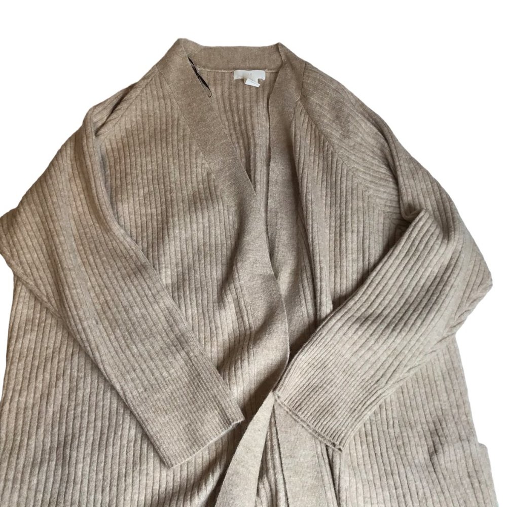 H&M Long Sweater Robe Light Oatmeal Tan Women's XL, Ribbed Texture Shawl Collar